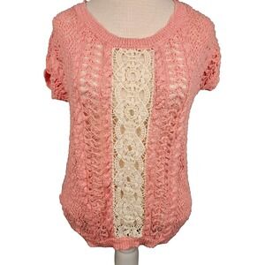 Maurices women's sweater Crochet Small Pink White cap sleeve scoop neck Feminine